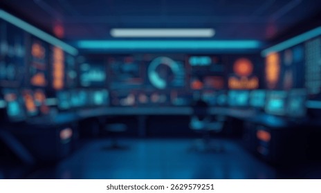 Blurred background of futuristic control room with advanced technology, data visualization screens, graphs and charts for monitoring, surveillance and analysis in a high-tech environment