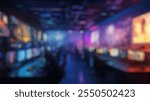 Blurred background of futuristic gaming room with multiple monitors showcasing stunning graphics and engaging environments in a collaborative e-sports setting