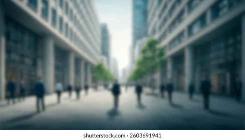 Blurred background of a group of executives walking down the street in a big city with buildings