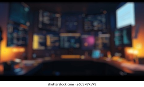 Blurred background of a high-tech computer workstation filled with multiple screens showing various coding and analytics. an organized space designed for maximum productivity and creativity.