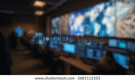 Blurred background of a high-tech control room featuring large displays and workstations with operators engaged in data analysis and monitoring of global information systems and earth data