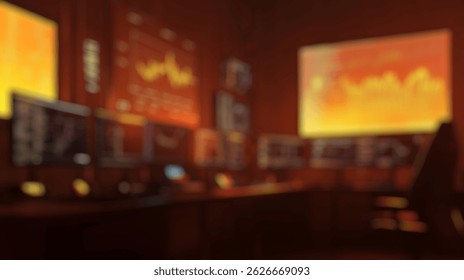 Blurred background of a high-tech data analysis room filled with monitors, showcasing stock market trends and vibrant graphics, illuminated in an engaging orange hue for a dynamic environment.