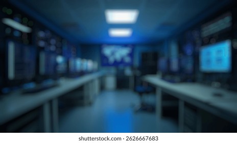 Blurred background of a high-tech data center featuring multiple monitors and server setups, bathed in ambient blue light, representing advanced technology and global networking.