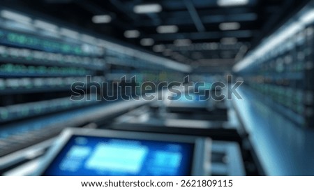 Blurred background of a high-tech data center showcases advanced server racks and control panels, illuminated in a dark environment, reflecting modern technology and efficient infrastructure.