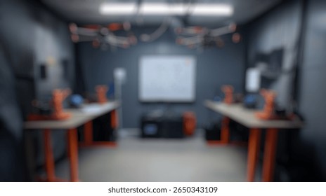 Blurred background of high-tech drone testing room with multiple workstations, autonomous flight equipment, advanced technology displays, and network setup in a controlled environment