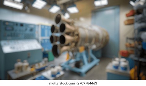 Blurred background of high-tech rocket engine test facility with advanced machinery and equipment for propulsion science and aerospace development