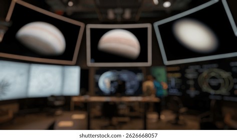 Blurred background of high-tech space observation center showcasing large displays of jupiter and saturn while scientists engage in collaborative research and analysis for educational purposes.