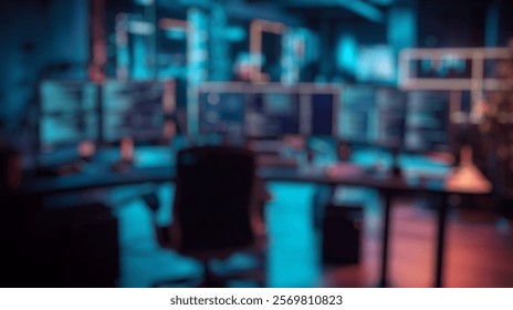 Blurred background of a high-tech workspace featuring multiple monitors displaying code and data in a dark, neon-lit environment. perfect for showcasing modern programming and tech innovation.