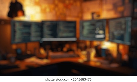 Blurred background of a high-tech workspace with multiple monitors displaying code, post-it notes, and a cozy ambient light for effective software development and programming tasks