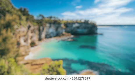 Blurred background of idyllic australian coastline with rugged cliffs and clear waters, offering a breathtaking blend of nature's beauty and tranquility. - Powered by Shutterstock