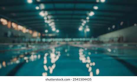 Blurred background of an indoor swimming pool area during a competitive meet, showcasing athletes preparing for diving events. the atmosphere is energetic and focused on performance. - Powered by Shutterstock