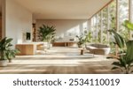 Blurred background of inspiring minimalist scandinavian office design featuring ample natural light, contemporary furniture, and lush greenery for a serene workspace.