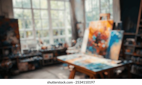 Blurred background of an inviting artist studio filled with colorful paints and canvases, showcasing a vibrant creative environment brimming with inspiration and artistic energy. - Powered by Shutterstock