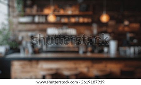 Blurred background of the inviting atmosphere of a rustic coffee shop with warm lighting, wooden decor, and an expertly designed beverage station ideal for social interactions.