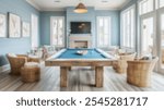 Blurred background of inviting coastal billiard room showcases modern interior design with a relaxing ambiance, perfect for leisure and entertainment. enjoy bright spaces and stylish decor.