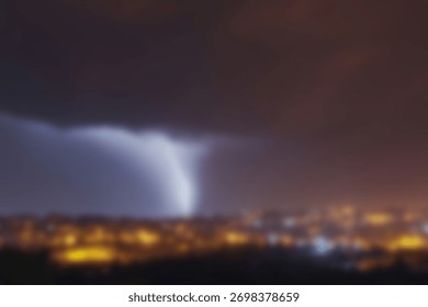blurred background. A lightning bolt illuminates the dark sky above a cityscape, with buildings and roads visible below.