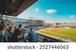 Blurred background of a lively baseball scene capturing players in action, vibrant atmosphere with enthusiastic fans enjoying the game in a sunny park setting.