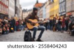 Blurred background of a lively city square bustling with tourists and locals enjoying a street musician performing. the charming atmosphere and vibrant colors create a perfect urban scene.