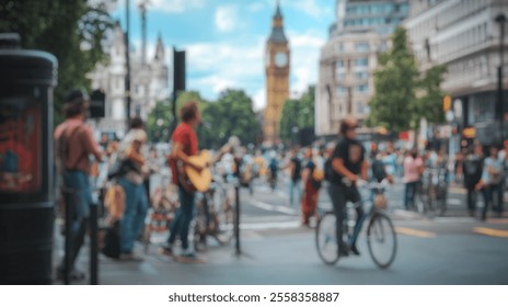 Blurred background of a lively street scene at a famous junction, showcasing a diverse crowd enjoying entertainment and activities in an urban setting filled with iconic landmarks. - Powered by Shutterstock