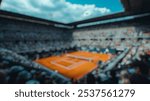 Blurred background of a lively tennis stadium filled with enthusiastic spectators during a major tournament. the scene captures the thrill and excitement of a competitive match on a sunny day.