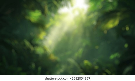 Fondo borroso de la exuberante selva tropical con la luz del sol que fluye a través del follaje verde denso y la vida vegetal vibrante. Fondo Borroso Para Proyectos De Diseño.