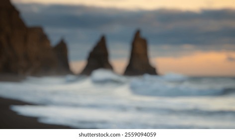 Blurred Background of Majestic Coastal Landscape with Unique Rock Formations and Vibrant Sky at Dusk. Blurry Background For Design Projects. - Powered by Shutterstock