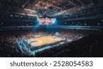 Blurred background of a mesmerizing indoor basketball arena filled with enthusiastic fans, showcasing the vibrant energy and excitement of a live game atmosphere.