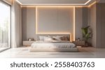 Blurred background of minimalist bedroom interior featuring soft lighting and elegant decor, creating a tranquil and modern atmosphere perfect for relaxation and comfort.