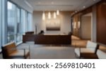 Blurred background of a modern chic reception area showcasing elegant design and minimal furniture. the inviting office space features warm lighting and a professional ambiance.