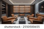 Blurred background of modern cigar lounge interior featuring elegant leather seating, stylish decor, and sophisticated ambiance perfect for relaxation and enjoyment.