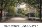 Blurred Background of Modern city street featuring a shuttle bus surrounded by lush trees, bicycle parking, and contemporary architecture. Blurry Background For Design Projects.