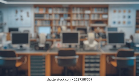Blurred background of modern computer lab with desks and equipment featuring multiple monitors and study materials in a well-organized educational environment