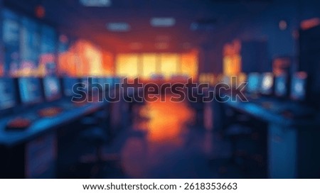 Blurred background of a modern computer lab filled with illuminated monitors displaying programming code, creating a vibrant and engaging atmosphere ideal for tech-related activities and development.