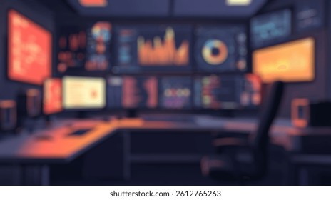 Blurred background of modern control room featuring multiple screens with vibrant data visualizations and analytics in a sleek, dimly lit setting, perfect for tech and data enthusiasts.
