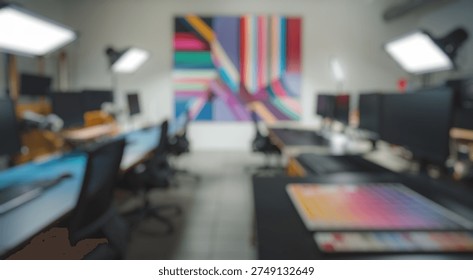 Blurred background of a modern creative workspace featuring a vibrant wall mural, multiple computer desks, and professional lighting setup, perfect for design projects and artistic endeavors.