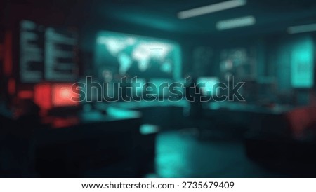 Blurred background of a modern cybersecurity control room equipped with advanced technology. the vibrant atmosphere is created by neon lights and multiple monitors displaying vital data.