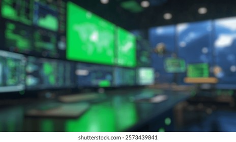 Blurred background of a modern data analysis center showcases multiple monitors displaying green analytics and global information, set against a rainy urban backdrop.