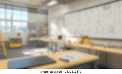 Blurred background of a modern engineering workshop filled with natural light, organized workstations, and whiteboards displaying sketches, perfect for collaborative design and innovation activities.