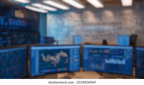 Blurred background of a modern financial trading room showcases multiple screens with stock market data, complemented by complex mathematical formulas on the wall, creating an innovative workspace. - Powered by Shutterstock - Get 15% off with code: PIKWIZARD15