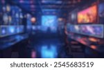 Blurred background of a modern gaming room featuring multiple monitors and vibrant neon lights, creating an immersive environment perfect for gamers and content creators.