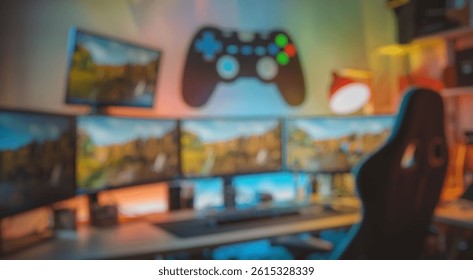 Blurred background of modern gaming setup featuring multiple monitors, game controller wall art, ergonomic chair, and colorful lighting in a cozy tech-focused workspace