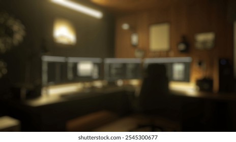 Blurred background of a modern home office featuring multiple monitors, stylish decor, and ambient lighting, fostering creativity and productivity in a cozy and inviting environment. - Powered by Shutterstock