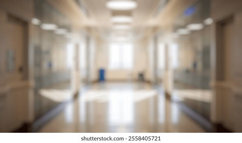 Blurred background of modern hospital corridor featuring large glass walls, natural light, and a wheelchair, creating a bright, clean, and welcoming environment for patients and visitors. - Powered by Shutterstock