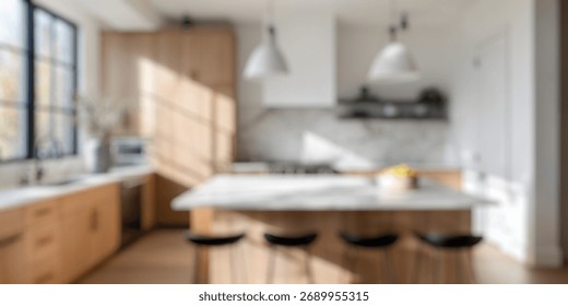 Blurred Background of Modern kitchen interior with wooden cabinets, marble countertops, island seating, large windows, and contemporary lighting in bright atmosphere