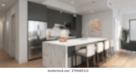 Blurred Background of Modern kitchen interior with sleek design, stainless steel appliances, and elegant marble island featuring stylish bar stools, perfect for contemporary living spaces