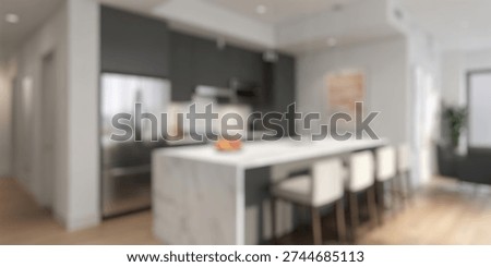 Blurred Background of Modern kitchen interior with sleek design, stainless steel appliances, and elegant marble island featuring stylish bar stools, perfect for contemporary living spaces