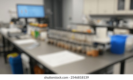 Blurred background of a modern laboratory workspace with various sample jars arranged on a table, displaying liquids for scientific analysis, equipped with advanced tools and computer data. - Powered by Shutterstock