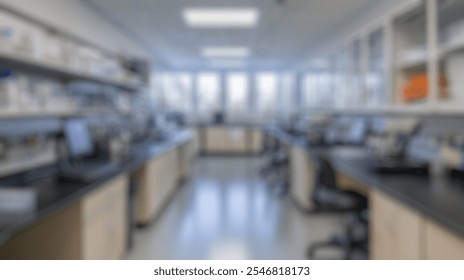 Blurred background of a modern laboratory workspace featuring advanced equipment and a sleek design, ideal for scientific research and experimentation in a bright and organized environment. - Powered by Shutterstock