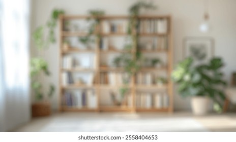 Blurred background of a modern living room scene showcasing a beautiful wooden bookshelf adorned with books and lush green plants, creating a warm and inviting atmosphere for relaxation and reading.