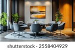 Blurred background of a modern meeting room featuring a sleek round glass table surrounded by gray upholstered chairs, with warm wooden accents and contemporary artwork enhancing the stylish ambiance.